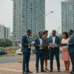 Lagos Nigeria financial district with business professionals