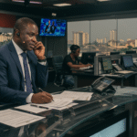 Nigerian newsroom with journalists and news anchor preparing broadcast