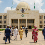 Nigerian National Assembly Abuja with senators entering building