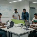 Nigerian tech hub with young developers working on laptops
