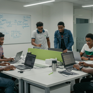 Nigerian tech hub with young developers working on laptops