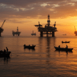 Niger Delta oil rigs and fishing boats at sunset illustrating Nigeria oil industry.