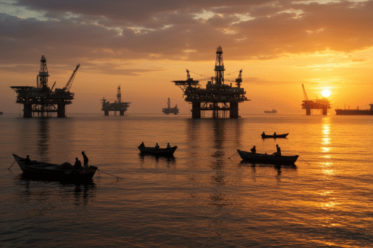 Niger Delta oil rigs and fishing boats at sunset illustrating Nigeria oil industry.