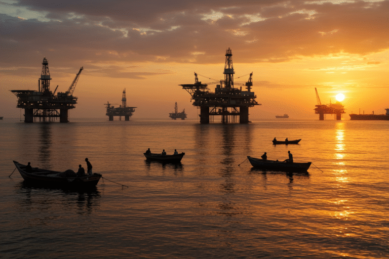 Niger Delta oil rigs and fishing boats at sunset illustrating Nigeria oil industry.