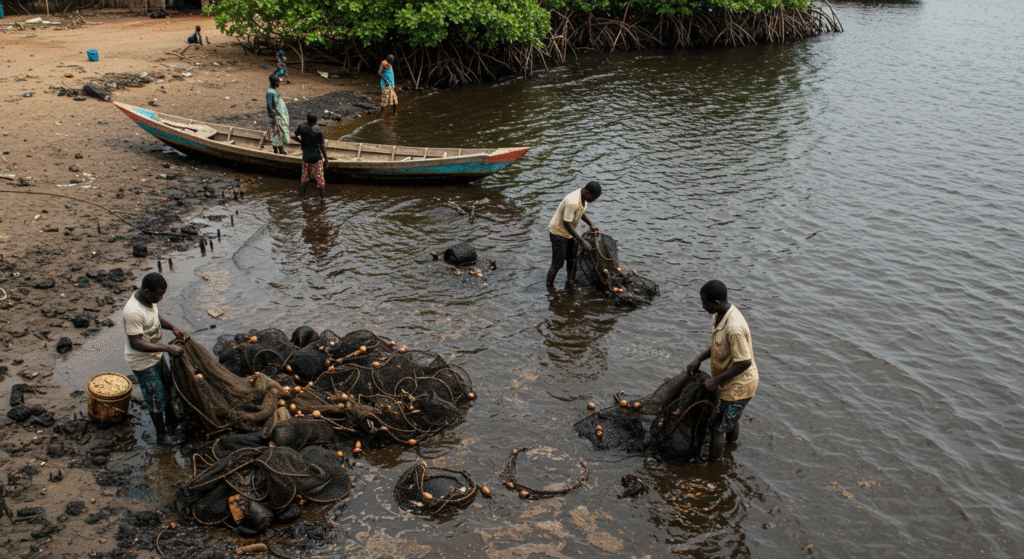 Niger Delta community impacted by oil pollution with fishermen and damaged mangroves.